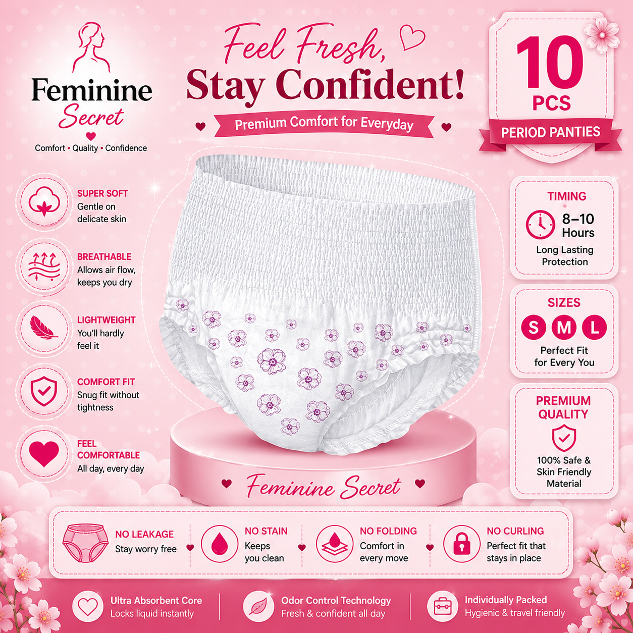 Ezi Pants Period Panties | Ultra Absorbent Leak Proof Sanitary Panty upto 12 hours | Soft & Comfortable | Sizes S-M-L
